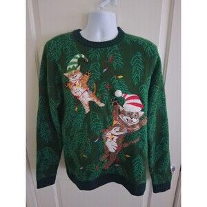 Blizzard Bay Men's Knit Sweater L Green Crew Neck Christmas Crazy Cats Funky